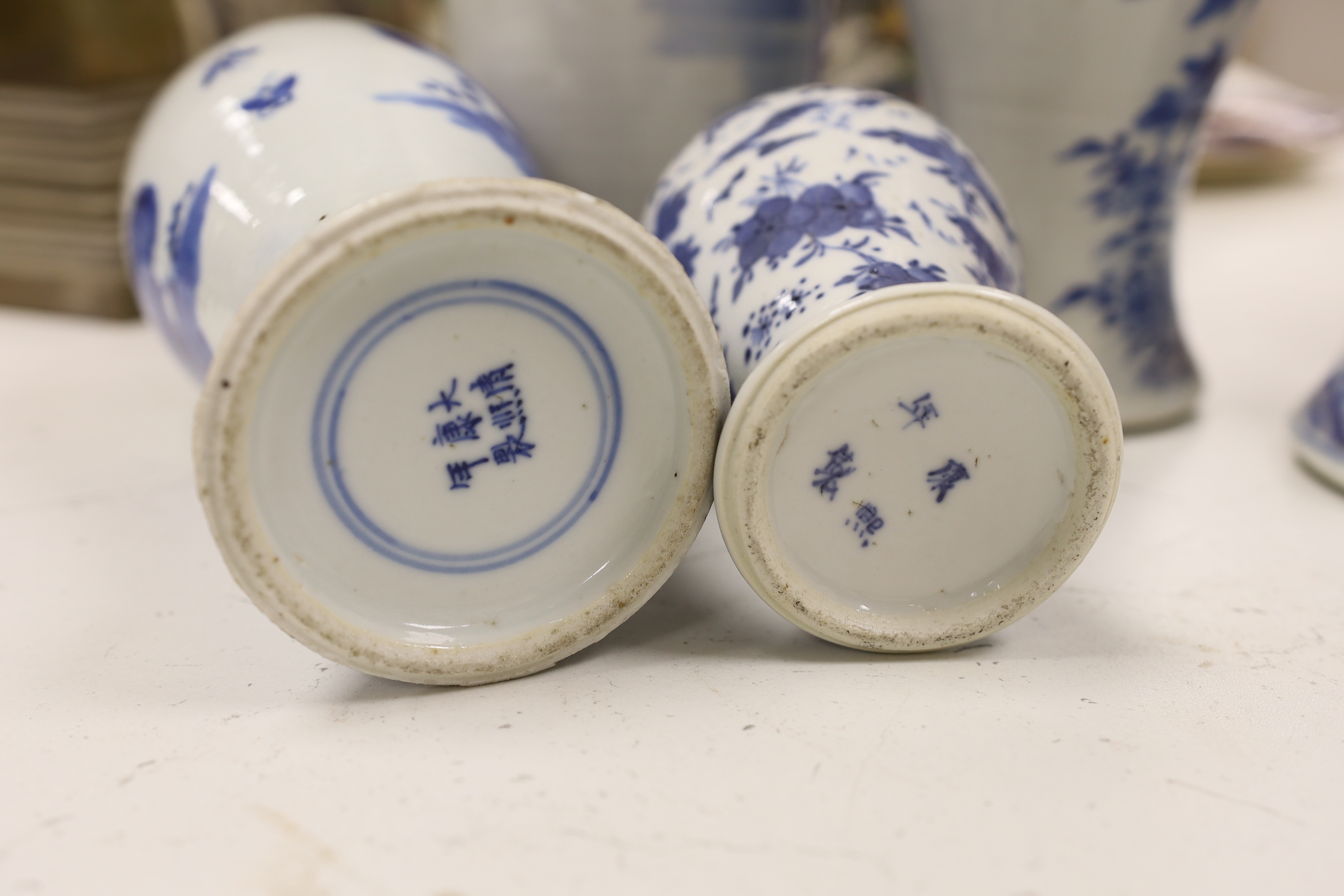 Five assorted 19th century Chinese blue and white vases, tallest 30cm high (a.f.)